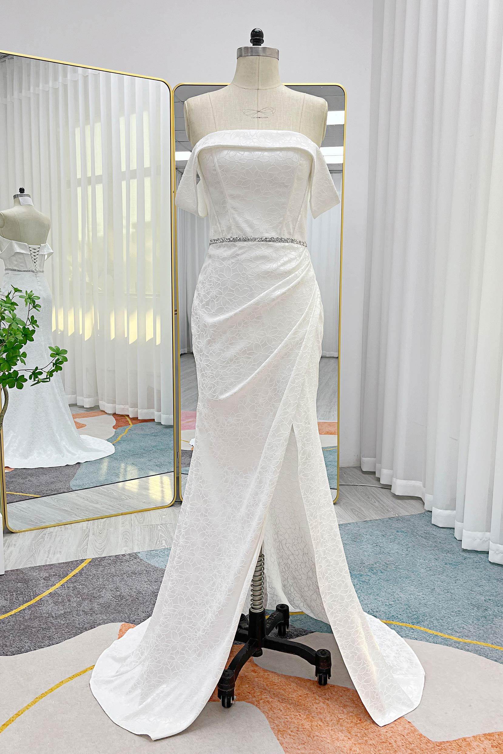 Mermaid Sweep-Brush Train Jacquard Satin Wedding Dress CW3283 - COCOMELODY